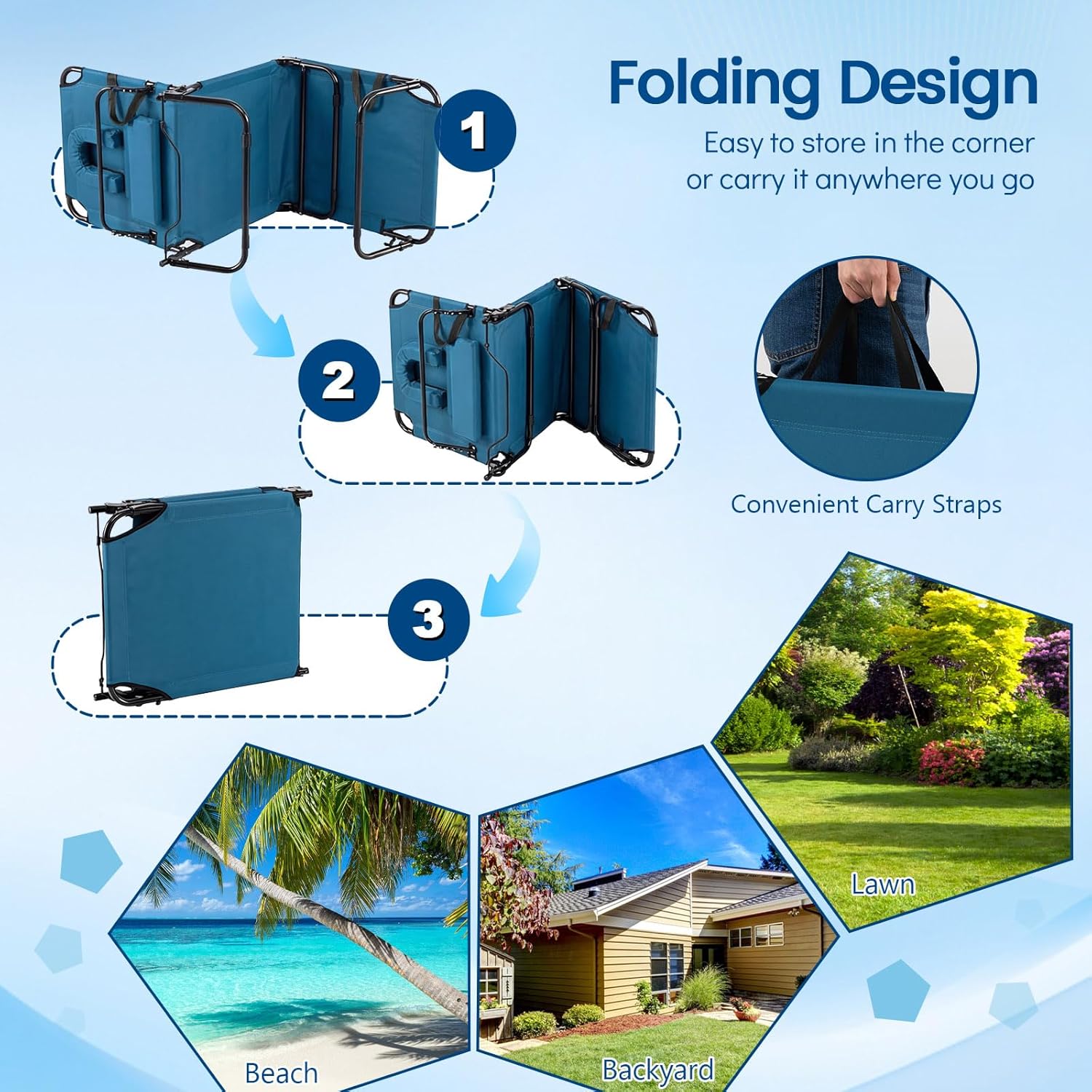 Giantex Folding Beach Tanning Chair, Adjustable Face Down Patio Lounge Chair w/ 4-Position Backrest, Face Hole & Removable Pillow, Portable Sunbathing Chair for Poolside Yard Lawn (2,Steel Blue)