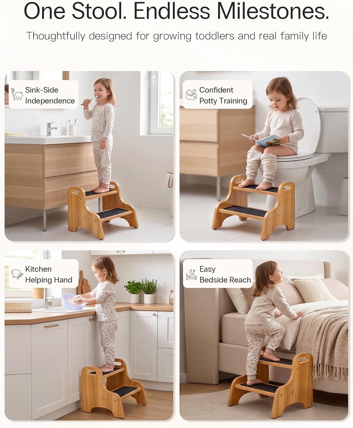 StrongTek Wooden 2-Step Stool for Kids, Non-Slip Surface with Handles, 350 lb Capacity, Toddler Step Stool for Bathroom, Kitchen and Bedroom (Natural)