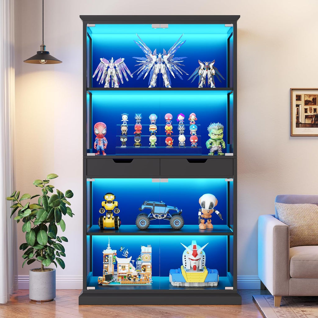 Jocoevol Display Cabinet with Glass Doors, 4-Tier Curio Cabinet with with 2 Drawers for Collectibles, Modern Glass Display Case Human Body Sensor & RGB Lights for Living/Game Room (Black)
