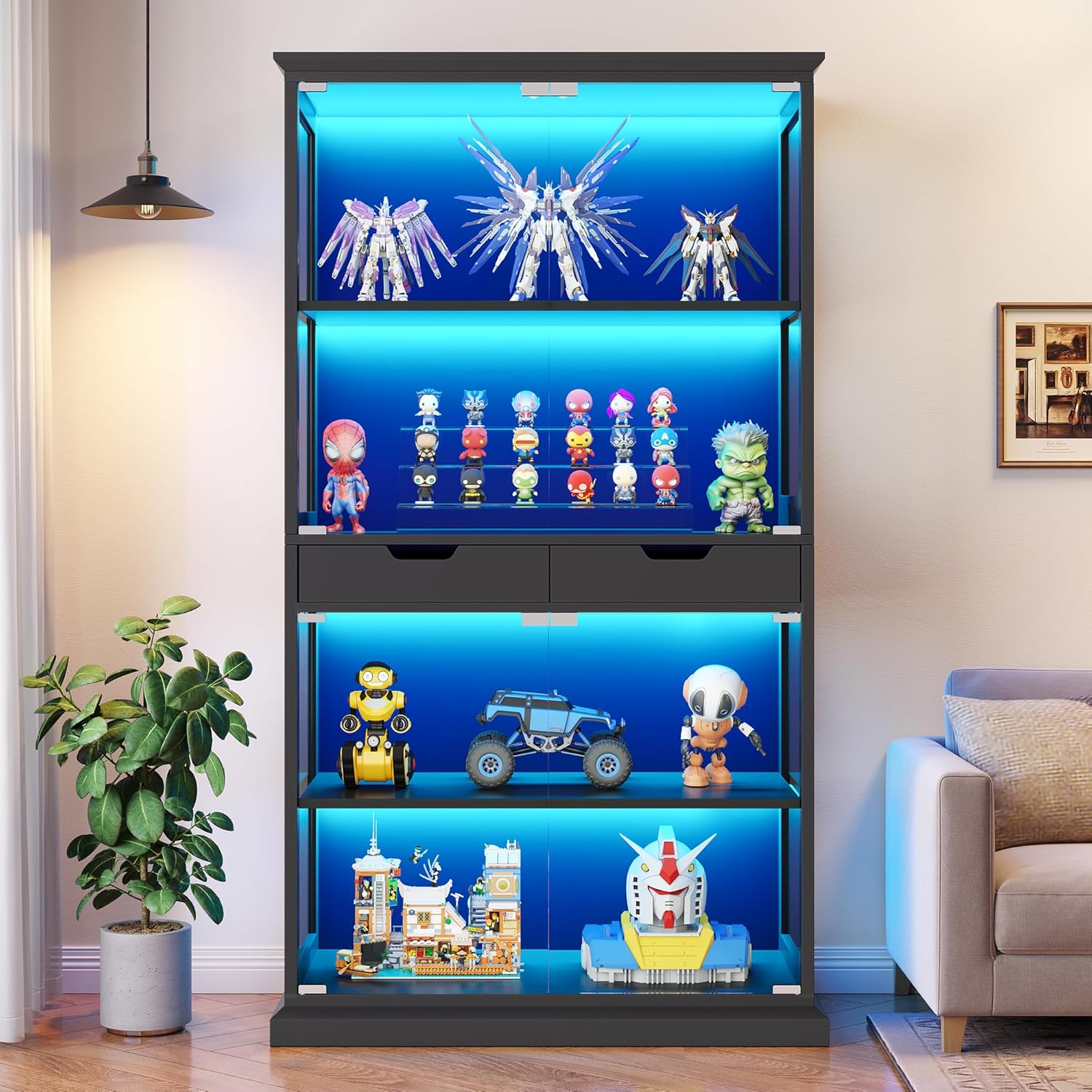 Jocoevol Display Cabinet with Glass Doors, 4-Tier Curio Cabinet with with 2 Drawers for Collectibles, Modern Glass Display Case Human Body Sensor & RGB Lights for Living/Game Room (Black)