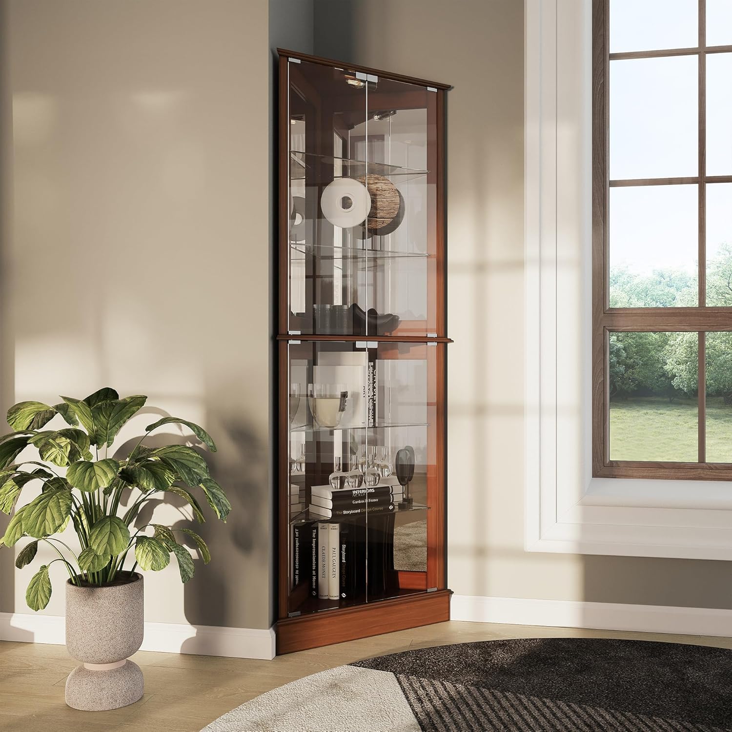 BELLEZE Lighted Corner Display Curio Cabinet Wooden Shelving Unit with Tempered Glass Door, Bar and Liquor Storage Area with 6 Shelves - Woody (Oak)