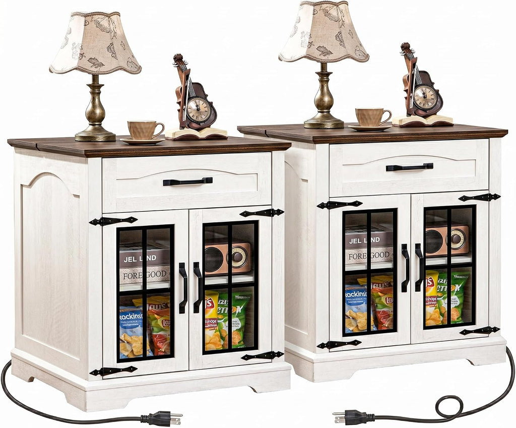 23.6"W Farmhouse End Table Set of 2 with Hidden Charging Station, Side Table with Drawer for Sofa Couch or Bedside, Rustic Wooden Nightstand with Storage for Living Room, Bedroom (Off White Walnut)