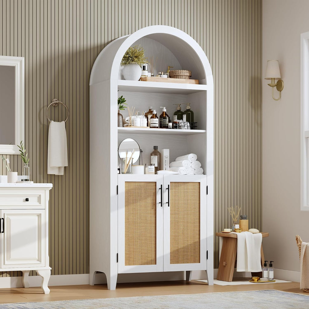 IDEALHOUSE Arched Kitchen Pantry Cabinet with Doors, 5 Tiers Open Boho Display Shelf with Rattan Decor, Farmhouse Storage Cabinet for Dining Room, Living Room, Bathroom, Home Office, White