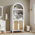 IDEALHOUSE Arched Kitchen Pantry Cabinet with Doors, 5 Tiers Open Boho Display Shelf with Rattan Decor, Farmhouse Storage Cabinet for Dining Room, Living Room, Bathroom, Home Office, White