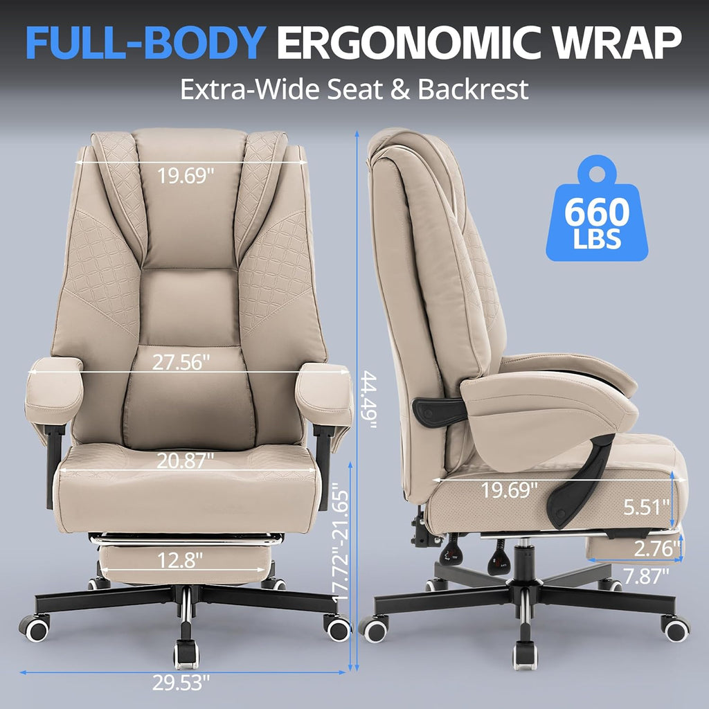 Ergonomic Gaming Office Chair for Adults, Big and Tall Heavy Duty Computer Desk Chair, High Back Video Game Chair with Footrest, Comfortable Leather Home Wide Gamer Chair with Lumbar Support (Beige)