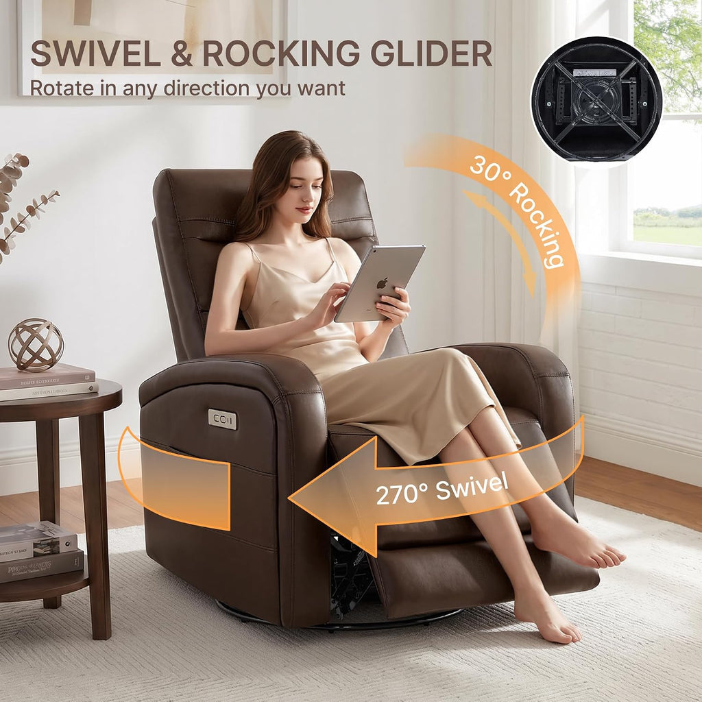 KISLOT Power Swivel Recliner Chair, Faux Leather Recliner 270° Rotation Modern Nursery Glider, Ergonomic Armrest & Side Storage Pocket, Comfortable Armchair for Living Room Bedroom & Nursery