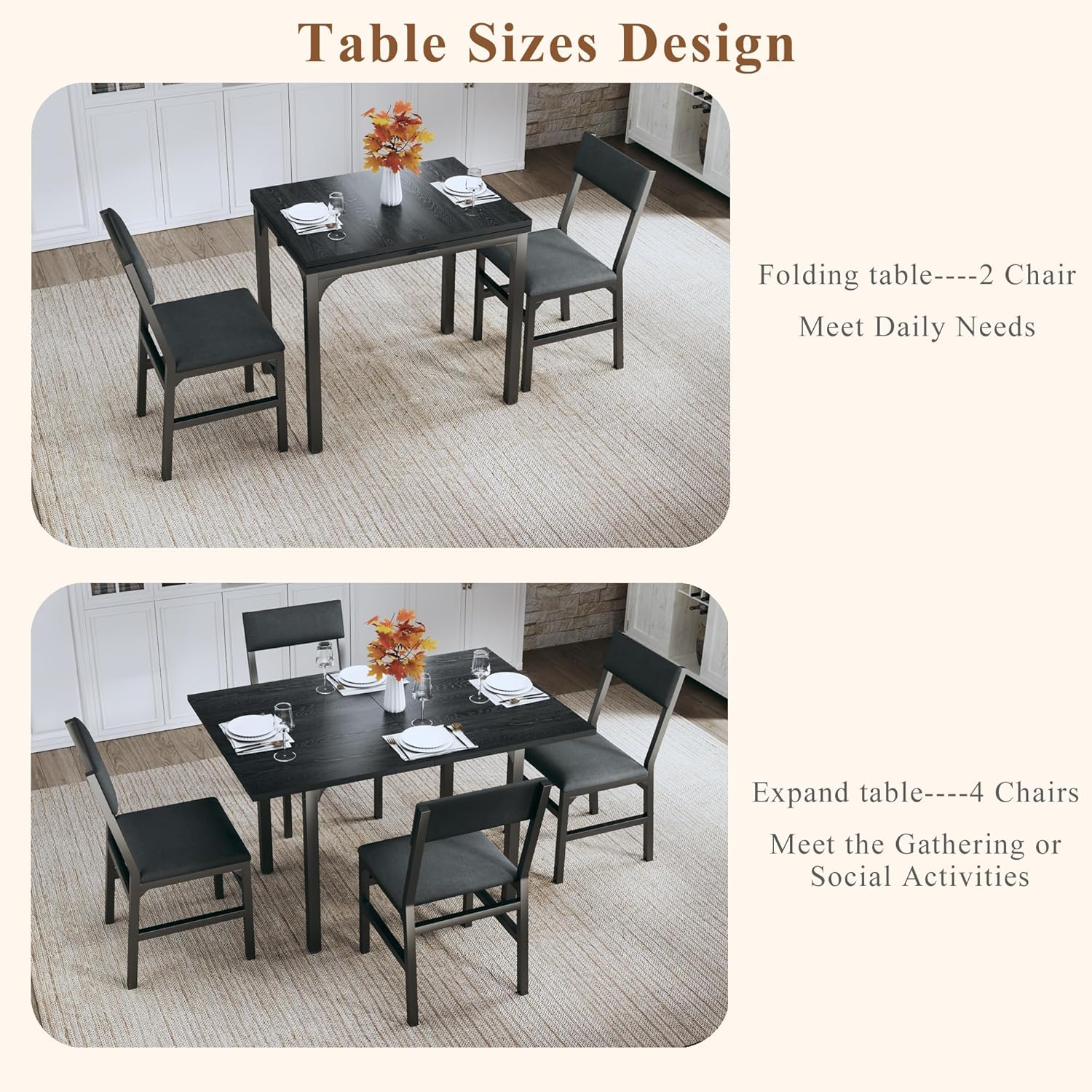 HUAHUU Dining Table Set for 4, Extendable Kitchen Table Cushion Chairs Set of 4, Rectangle Dining Table with Metal Frame & MDF Board, Folding for Small Apartment Saving Space, Black