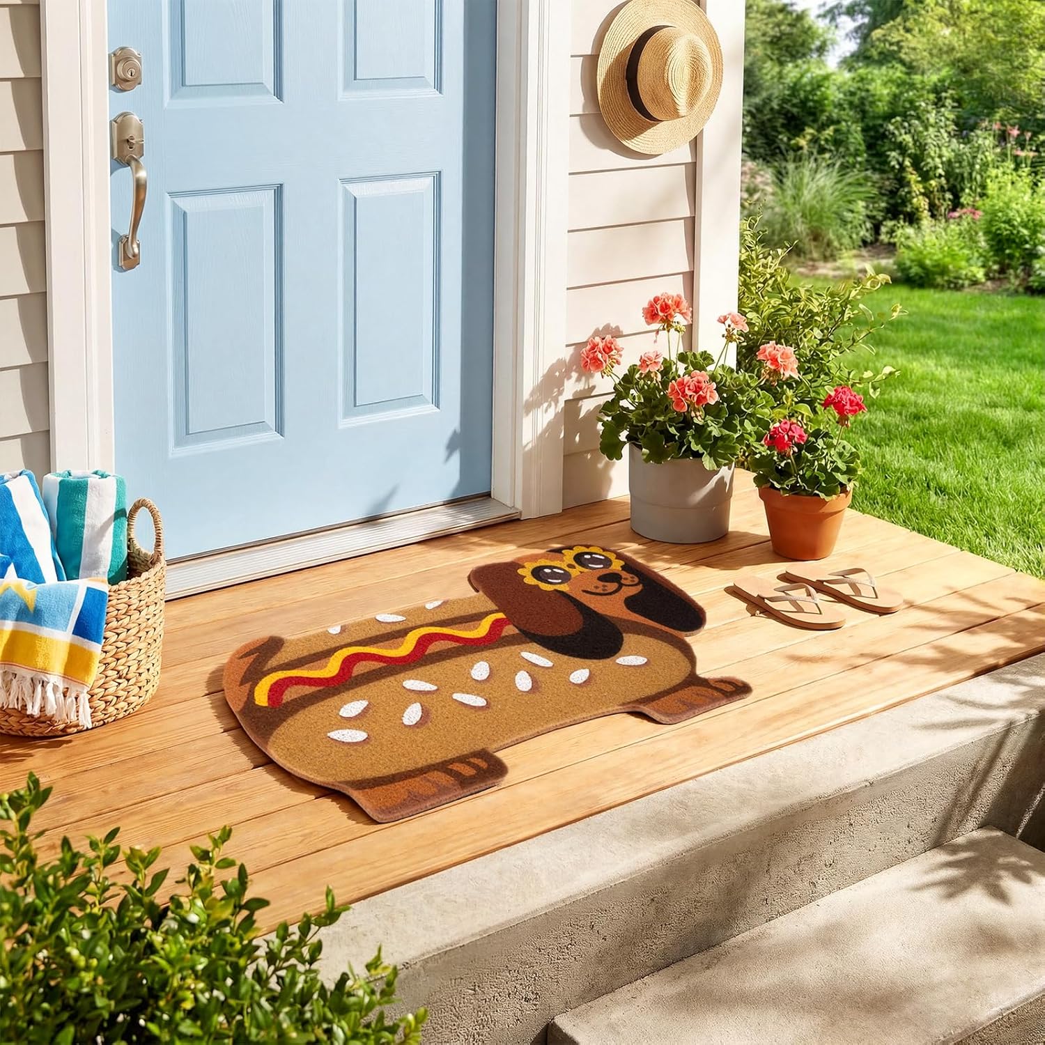 Tinideya Summer Dachshund Door Mat 17 x 28 Inch Funny Hot Dog Dog Welcome Mat for Front Porch, Entrance, Patio, Outdoor Indoor Decor