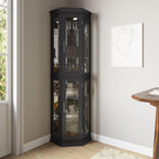 BELLEZE Lighted 3-Side Glass Display Curio Cabinet w/Tempered Glass Doors & Shelves, Accent Wooden Corner Cabinet with Bulb, Corner Storage Decoration Rack for Living Room & Bed-Room Corona (Black)