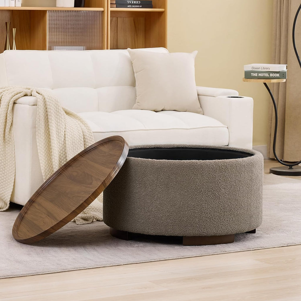 29.5 Inch Round Storage Ottoman Coffee Table,Modern Circle Coffee Table with Storage with Removable Lid Top and Solid Wood Legs,Large Round Ottoman for Bedroom,Living Room,Teddy Fleece,Brown