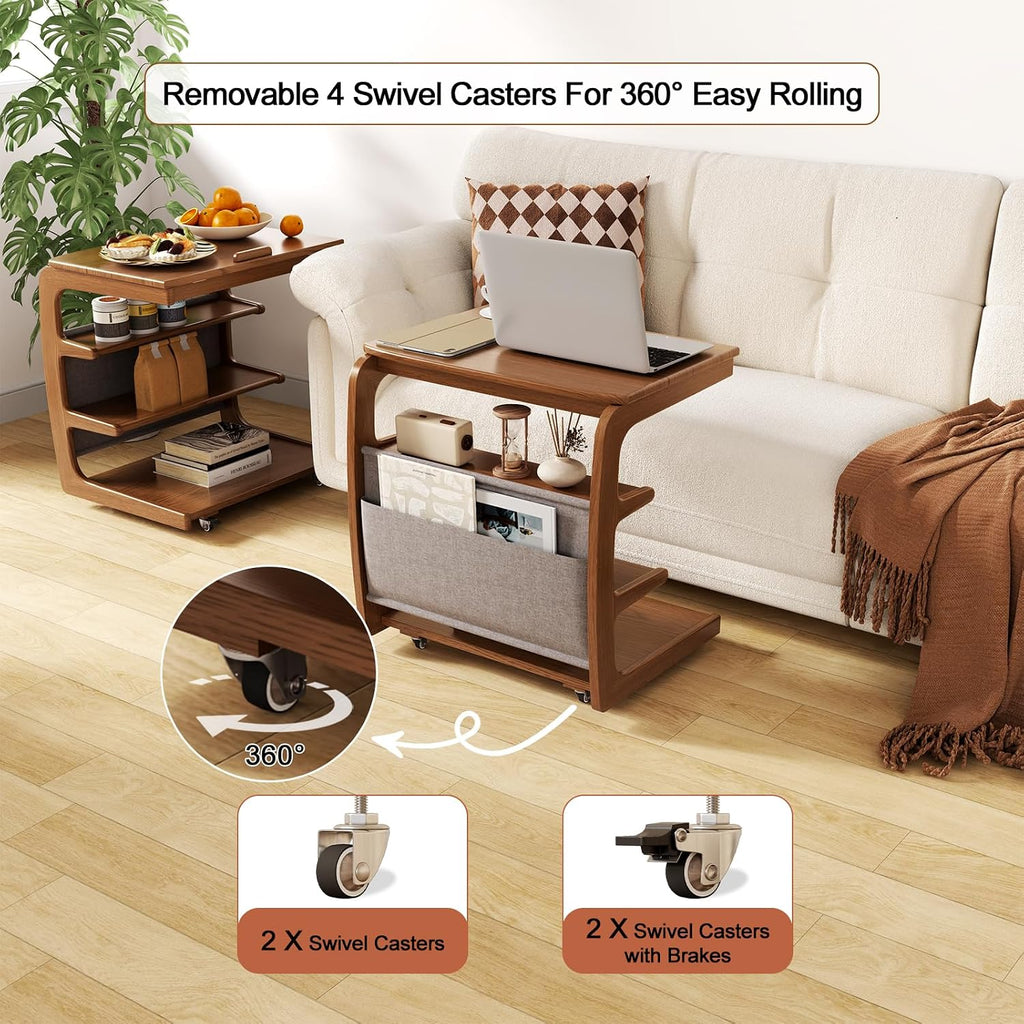AQIMUELE Rolling Side Table, C Shaped End Table, C Table with 4 Wheels Solid Wood Small Rolling Desk with Adjustable Desktop,C Shaped End Table for Couch,Home Office(15.6" D x 23.6" W x 24.3" H)