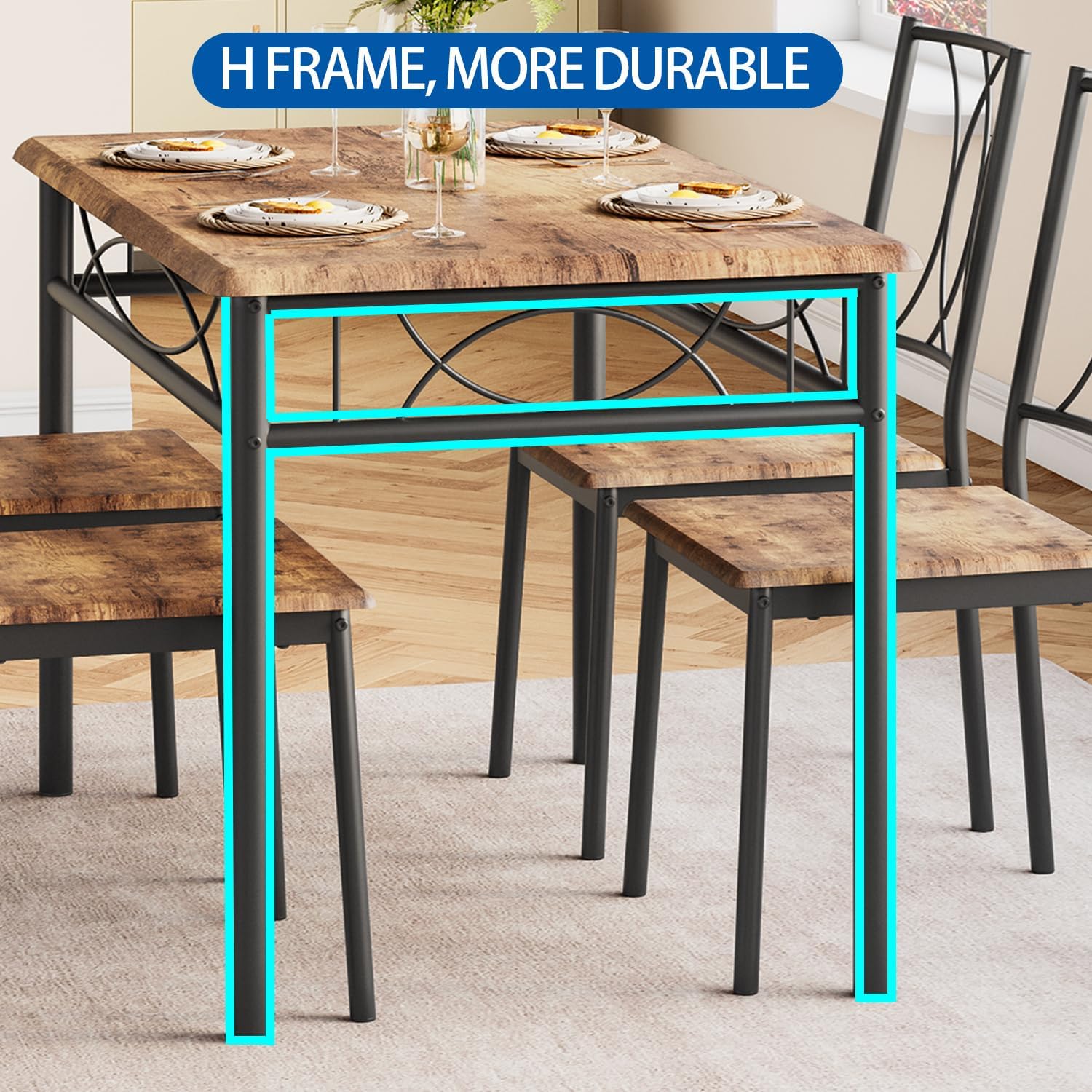 GarveeHome Dining Table Set for 4, Rectangle Compact Dining Table and Chairs Set, Small Kitchen Table Set with 4 Wood Chairs for Apartment, Rustic Brown