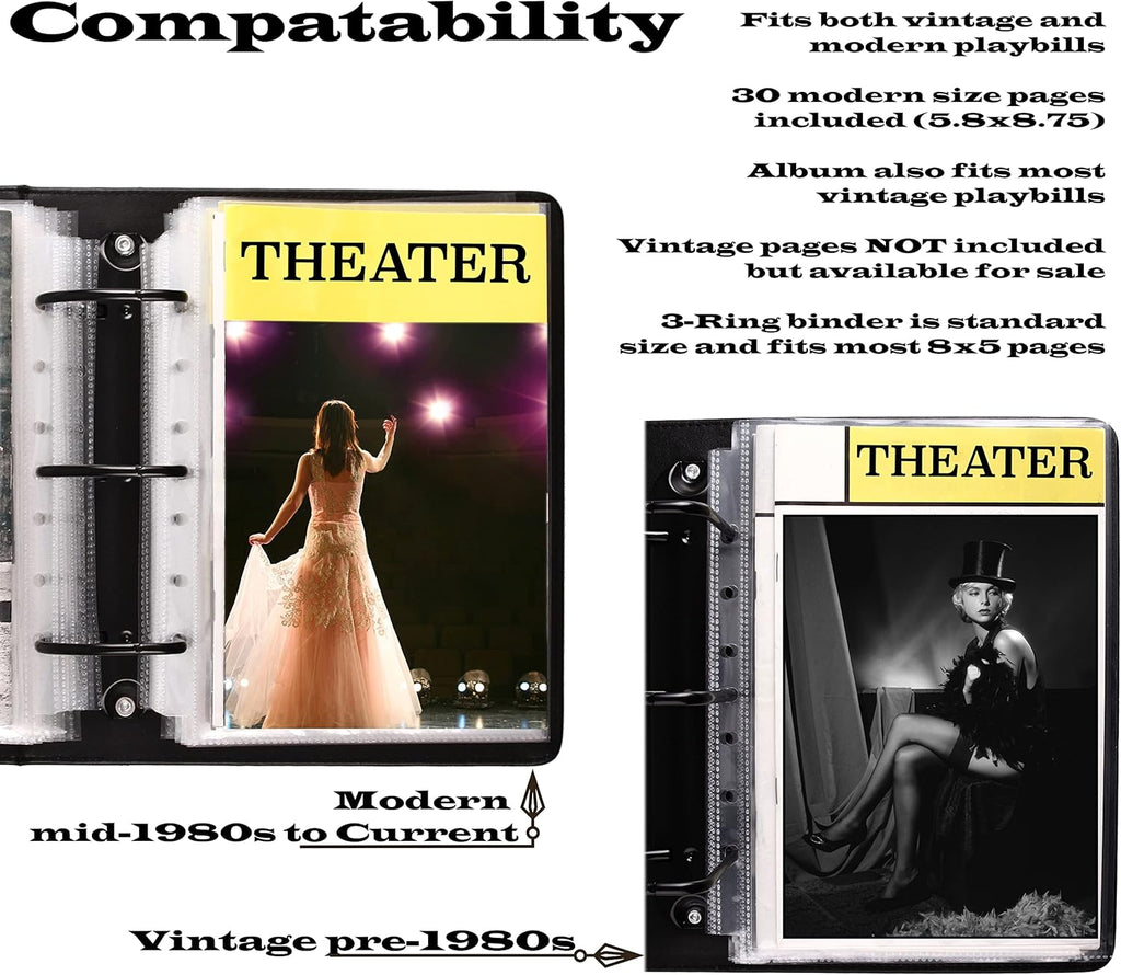 2Fold Binder for Holding Broadway Play Program and Theater Programs with 30 Custom Sheet Protectors - PU Leather - Fits Programs from Mid 1980s to Modern (Black/Gold Foil)