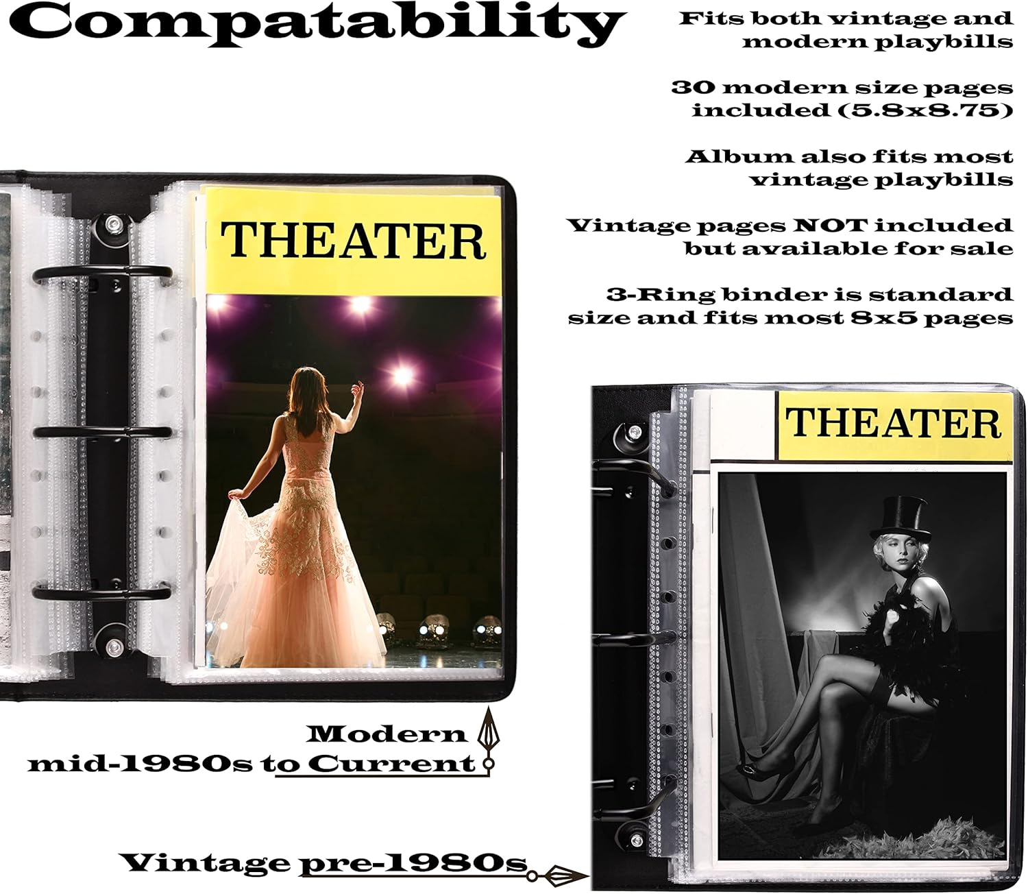 2Fold Binder for Holding Broadway Play Program and Theater Programs with 30 Custom Sheet Protectors - PU Leather - Fits Programs from Mid 1980s to Modern (Black/Gold Foil)