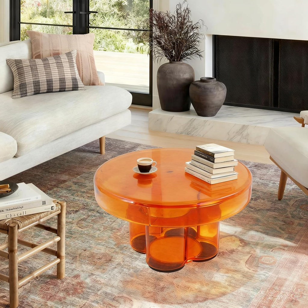 Coffee Table, Round Glass Side Table with Unique Petal Design Pedestal, Simple Center Tables, Modern End Tables with Tempered Glass-Base and Top for Small Spaces