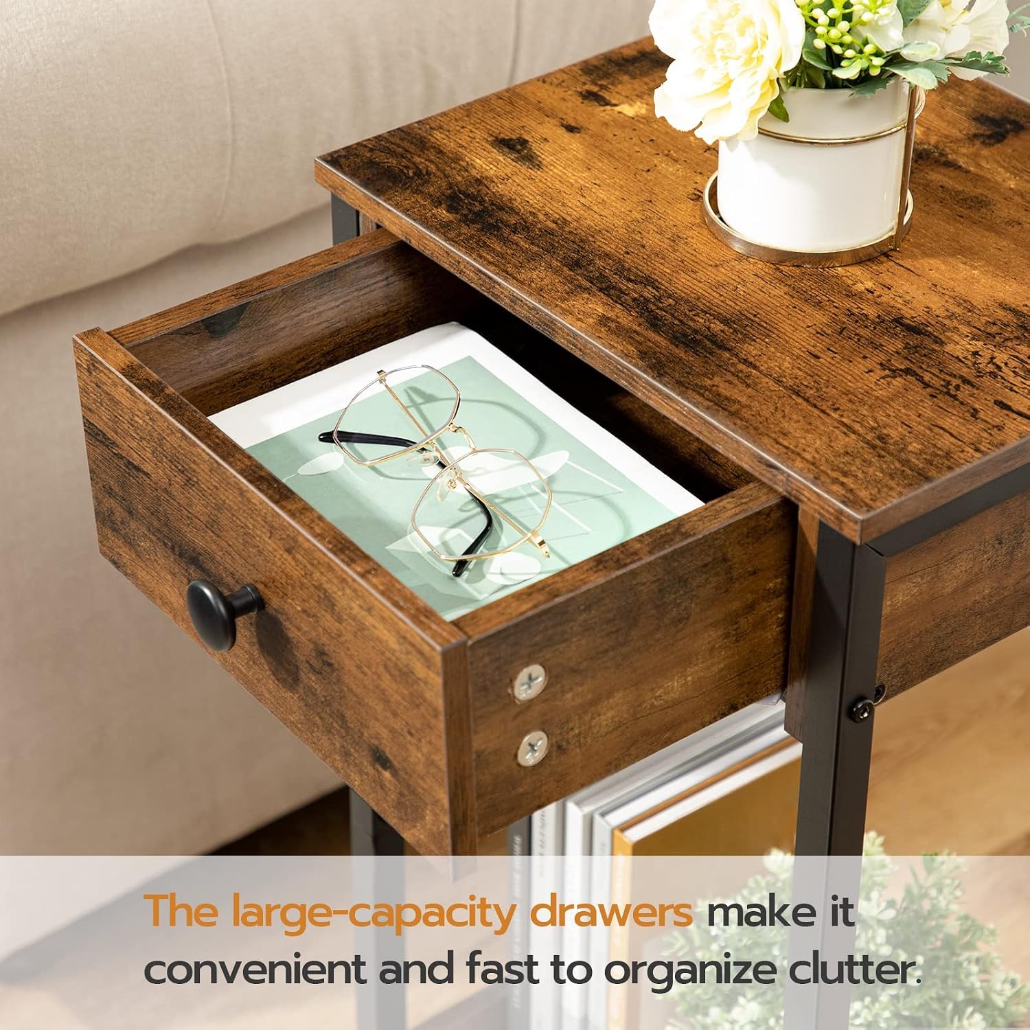HOOBRO Tall End Table, Nightstand, Industrial Side Table with Drawer and Storage Shelf, for Study, Bedroom, Space Saving, Rustic Brown and Black BF71BZ01