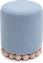 First of a Kind Ottoman Foot Rest - Faded Blue Round Ottoman Stool with Solid Wood Spherical Orbs - 15.7" W x 15.7" D x 18.3" H - Handmade, Easy Clean, 330 lbs Weight Capacity