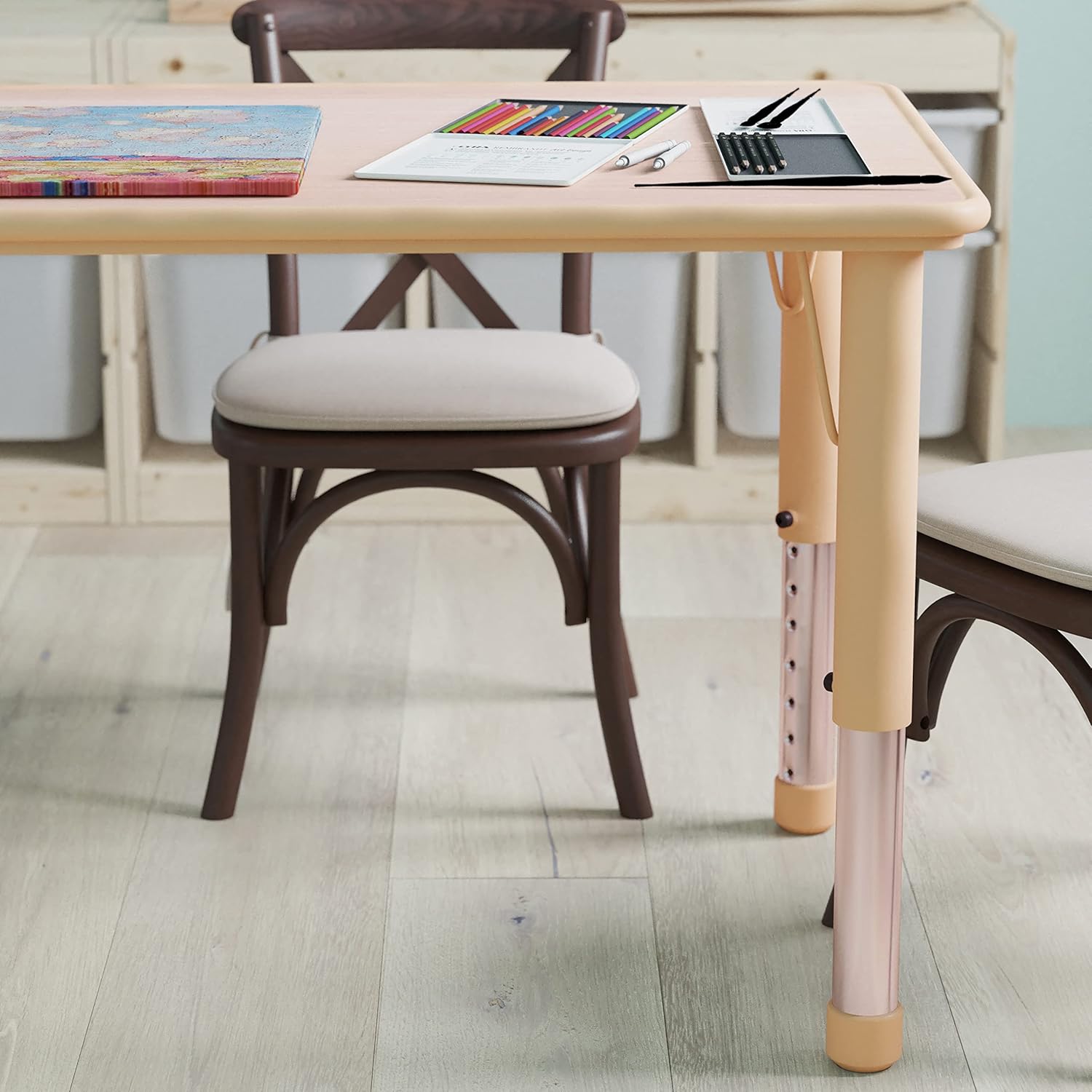 EMMA + OLIVER Adjustable Kids Activity Table for Home Use, Height-Adjustable Classroom Table for Kids, 23.625" W x 47.25" D x 14.5-23.5" H, Natural