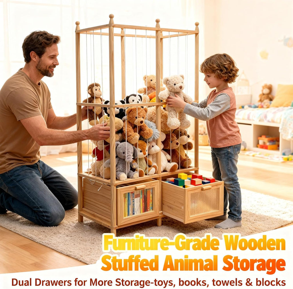 Stuffed Animal Storage with Two Wooden Drawers, 280L Extra Large Capacity Plush Toy Organizer Tower, Solid Wood Stuffed Animal Zoo Storage for Bedroom, Playroom&Home Organization