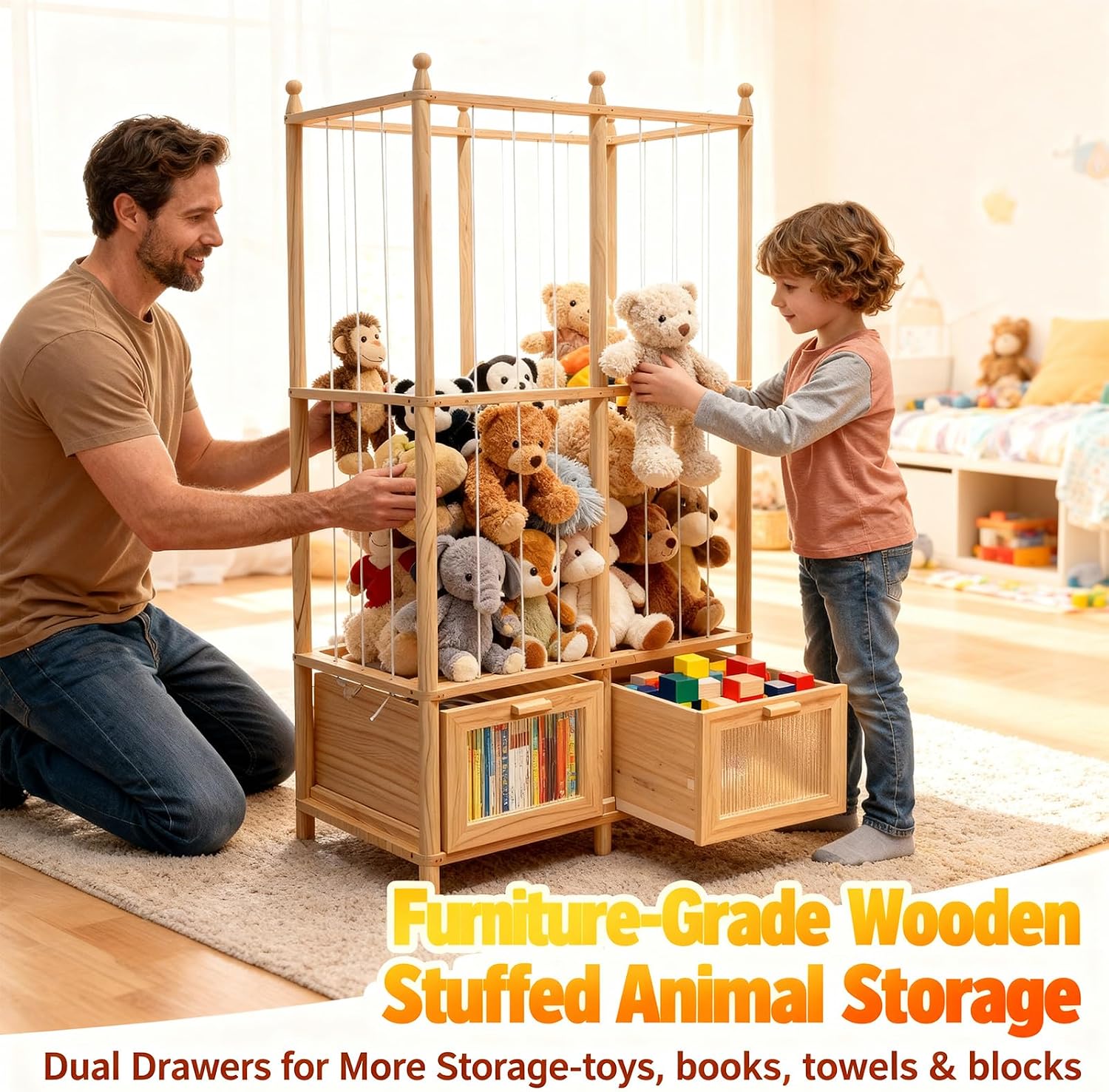 Stuffed Animal Storage with Two Wooden Drawers, 280L Extra Large Capacity Plush Toy Organizer Tower, Solid Wood Stuffed Animal Zoo Storage for Bedroom, Playroom&Home Organization