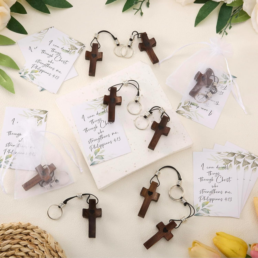 INSYOHO 12Pcs Wooden Cross Fidget - Small Pocket Cross My Heart Keychain with Card Organza Bag, Stress Anxiety Relief Encouragement Inspirational Handheld Prayer Keychain Christian Religious Gift