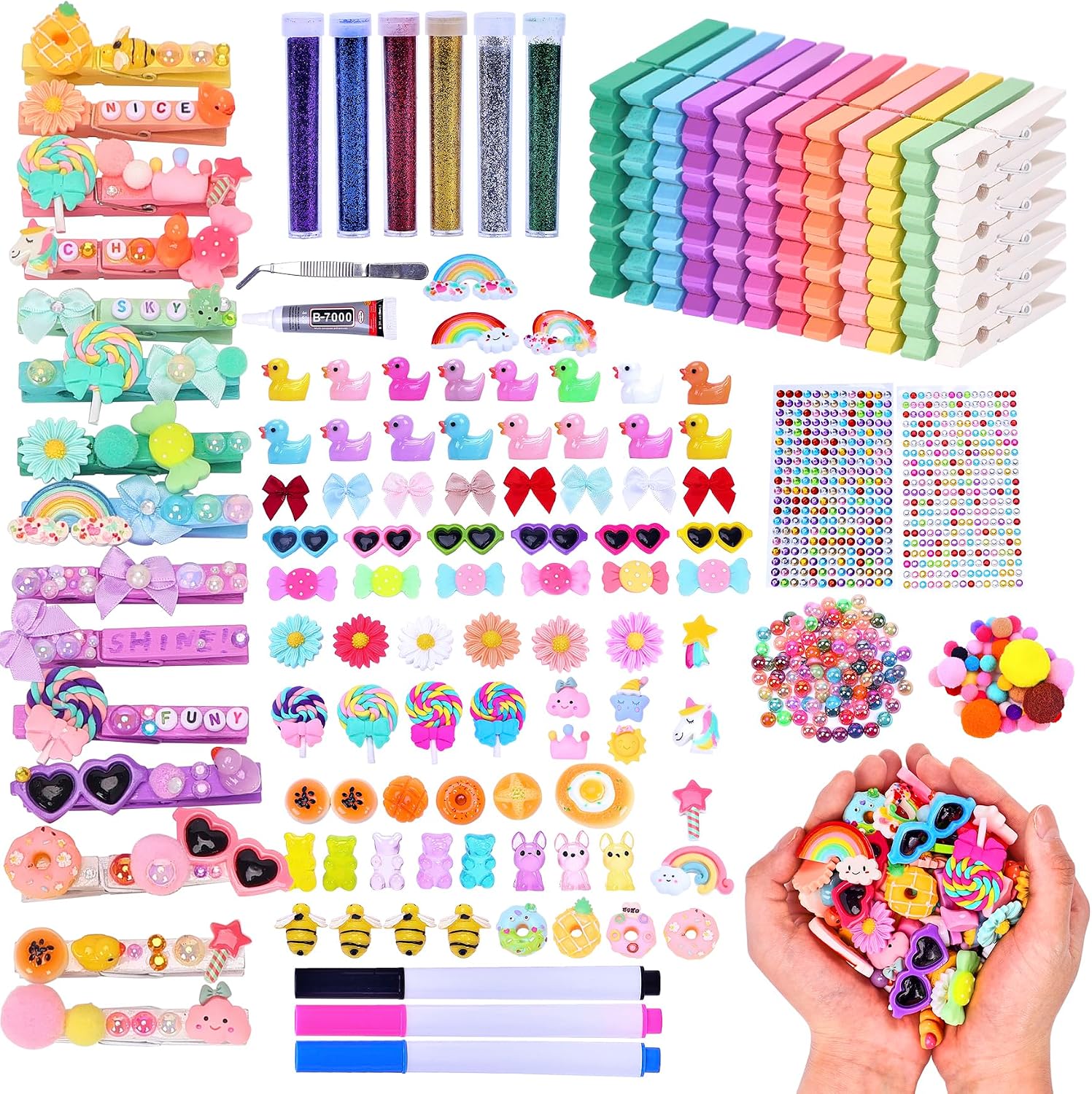 FULGENSZ 70 Set Cheer Pins & Spirit Clips Wooden Clothespins with 106 Mini Resin Animals and Bows for Backpacks,Cheerleaders, Volleyball Accessories & Decorations,Cheer Gifts Bulk (Macaron Colorful)