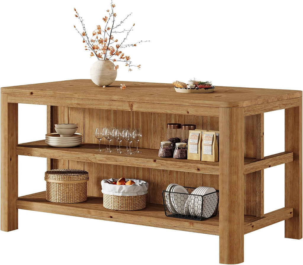 63-Inch Solid Wood Kitchen Island with Storage Shelves, Farmhouse Island Table with Seating, Counter Height Bar Table for Dining Room, Kitchen, Easy to Assemble, Natural Wood