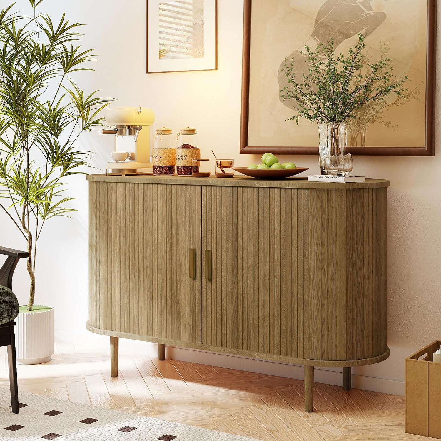 Sideboard Buffet Cabinet,46.85" Fluted Sideboard Storage Cabinet with Fluted Sliding Door,Modern Stand Console Cabinet for Kitchen & Living Room,Restaurant,Entryway(Brown)