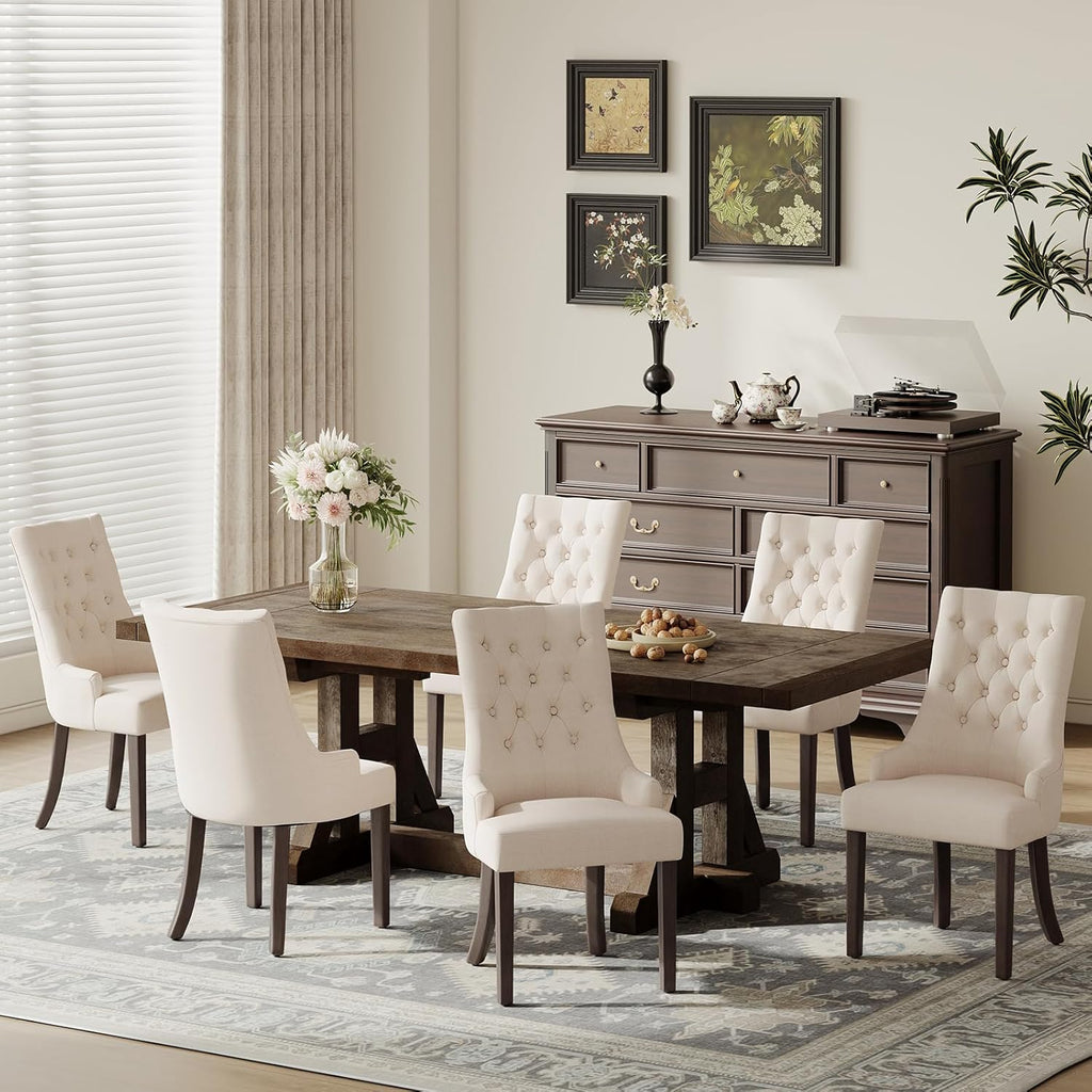 COLAMY Fabric Side Dining Chairs Set of 2, Wingback Upholstered Dining Room Chairs with Tufted Button, Living Room Chairs for Home Kitchen, Beige