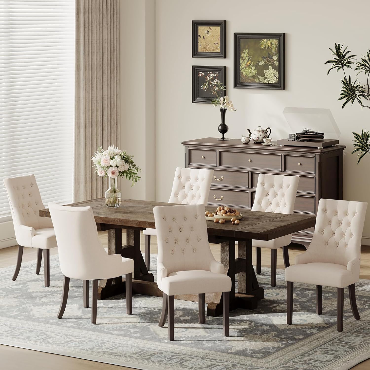 COLAMY Fabric Side Dining Chairs Set of 2, Wingback Upholstered Dining Room Chairs with Tufted Button, Living Room Chairs for Home Kitchen, Beige