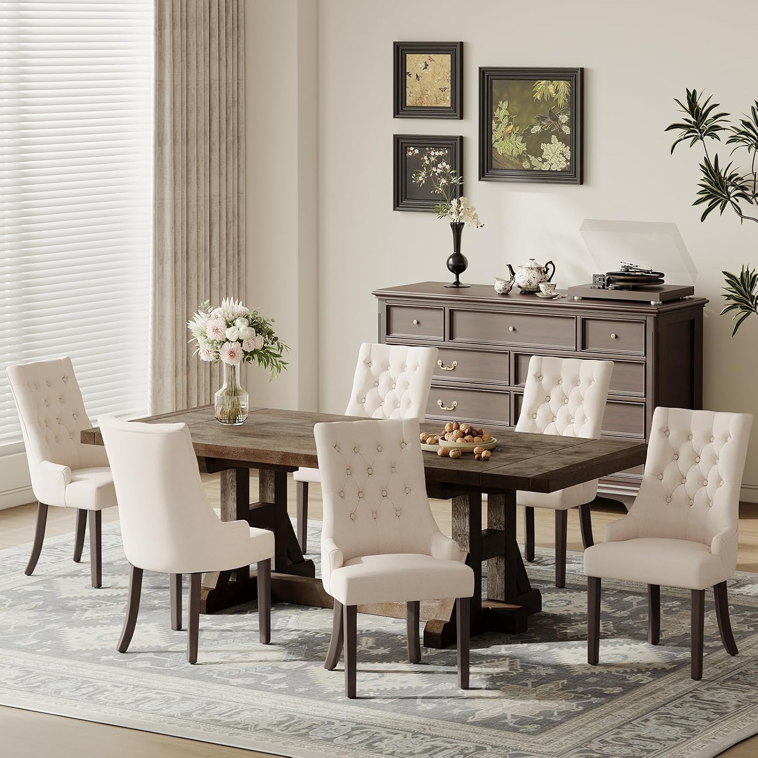 COLAMY Wingback Upholstered Dining Chairs Set of 6, Fabric Side Dining Room Chairs with Tufted Button, Living Room Chairs for Home Kitchen Resturant- Beige