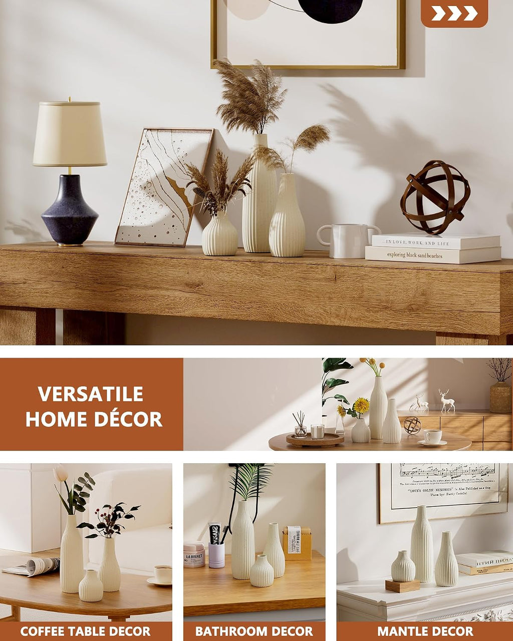 Decorative Flower Vase Set of 3 - Modern Boho Style Beige Vases, Ribbed Textures Ceramic Vase for Home Decor Shelf Bookshelf Mantle TV Stand Entryway Console, Dining Table Centerpiece Decor