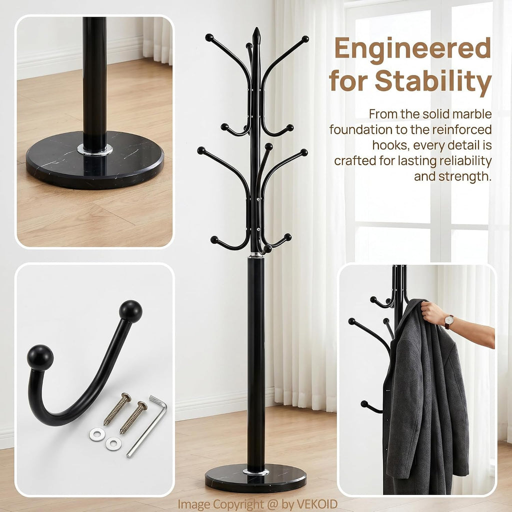 12 Hooks Metal Coat Rack Freestanding Coat Tree with Marble Base, Heavy Duty Coat Rack Stand for Clothes Hats Bags, Coat Hanger Stand for Corner Entryway Bedroom Office (Black)