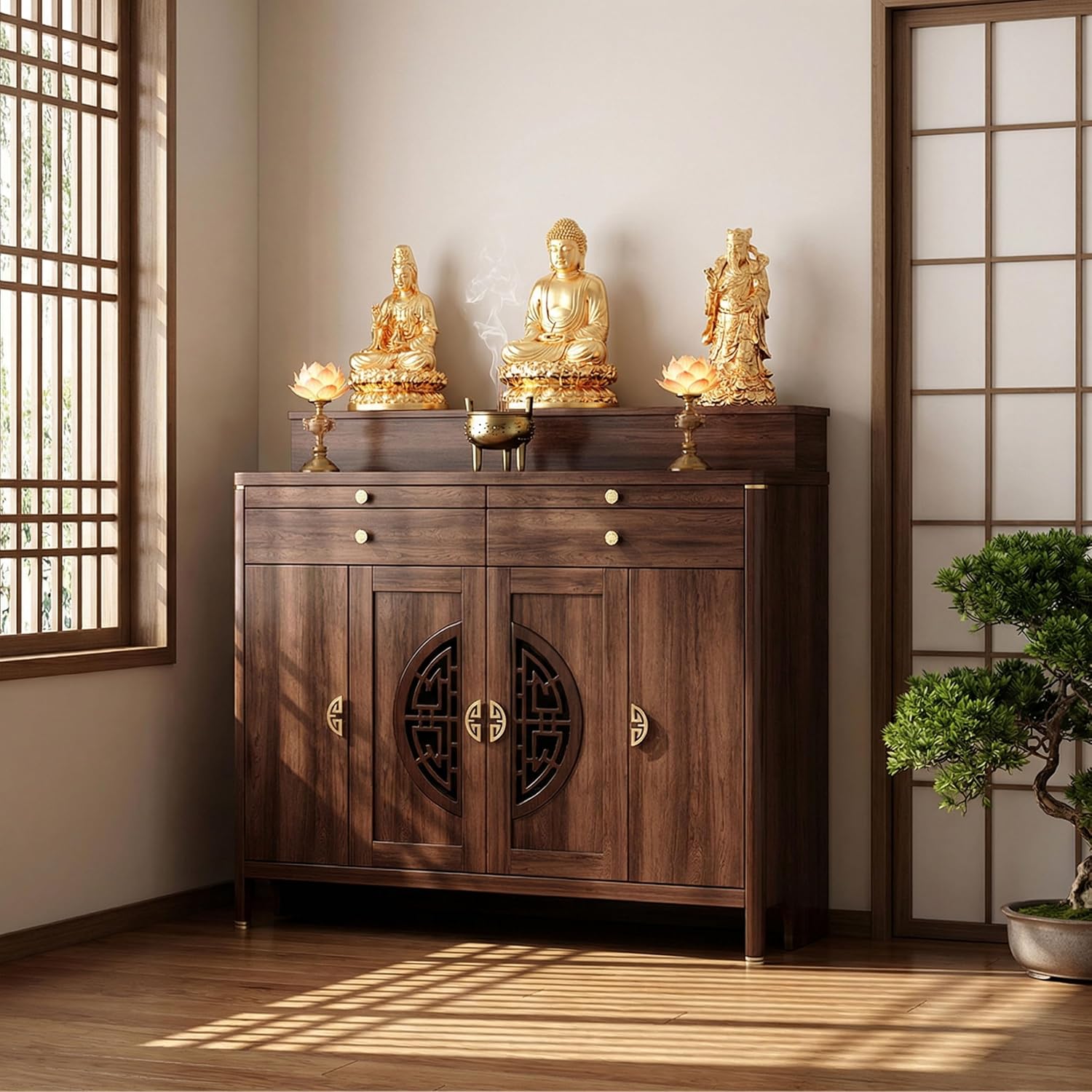 Personal Shrine Altar Table, Buddhist Altar De Muertos De Madera, Solid Wood Meditation Prayer Table, Buddha Niche Shrine Tables, Chinese Style Offering Tables Pooja Shrine (30.7in, Wood)