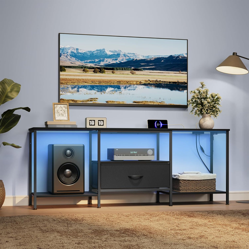 SONGMICS BELLAH Collection - TV Stand for TVs Up to 70 Inches, Media Console Table and Entertainment Center Unit for Living Room, with Shelves and Drawer, Steel, Modern, Ink Black ULGS131B101S