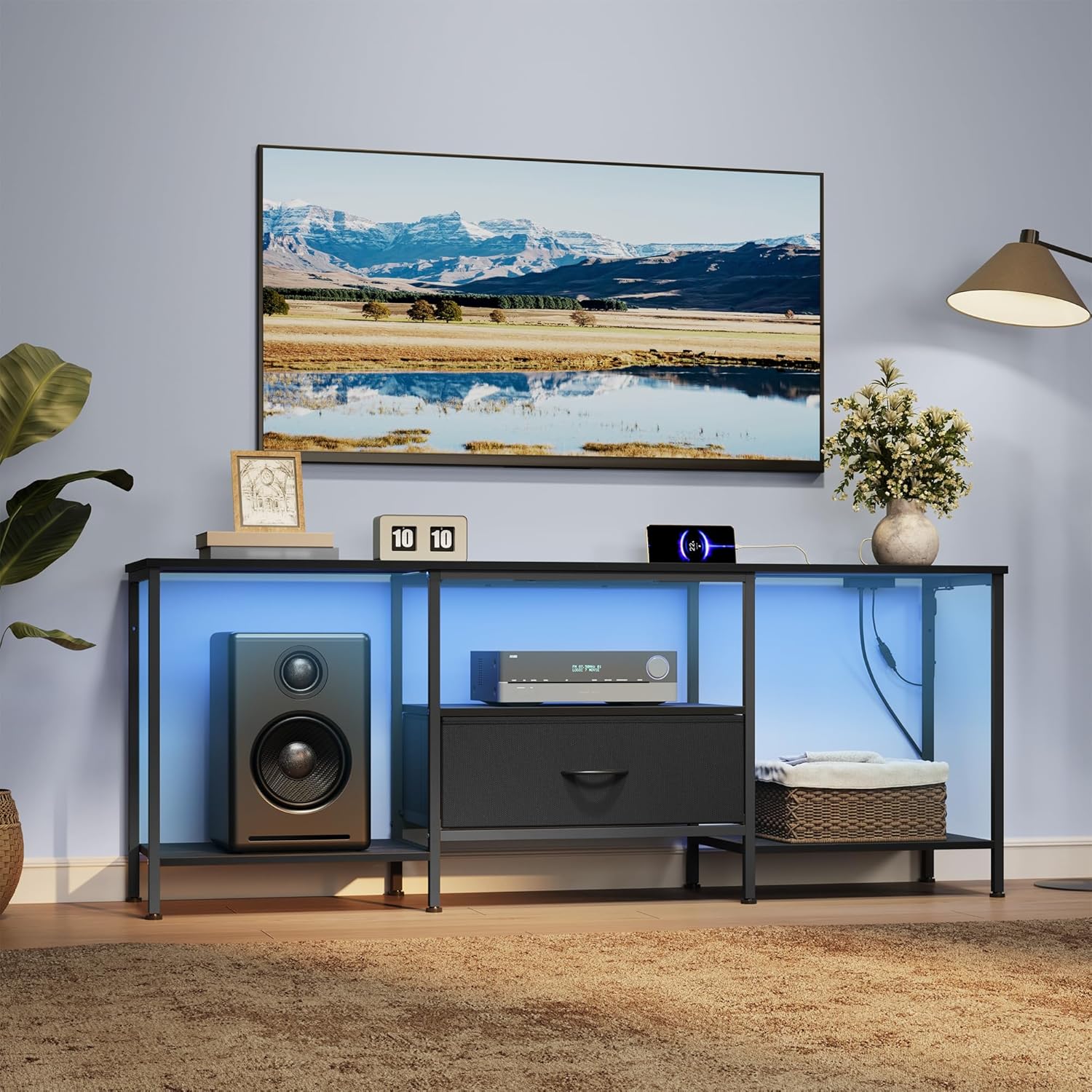 SONGMICS BELLAH Collection - TV Stand for TVs Up to 70 Inches, Media Console Table and Entertainment Center Unit for Living Room, with Shelves and Drawer, Steel, Modern, Ink Black ULGS131B101S