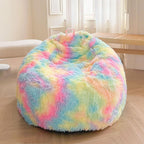 XeGe Kids Fluffy Faux Fur Bean Bag Chair Cover (No Filler), Soft Furry Stuffed Animal Storage Bean Bag Cover for Plush Toys, Shaggy Fuzzy Beanbag for Kids Teens Girls Children, Anti-Slip, Rainbow