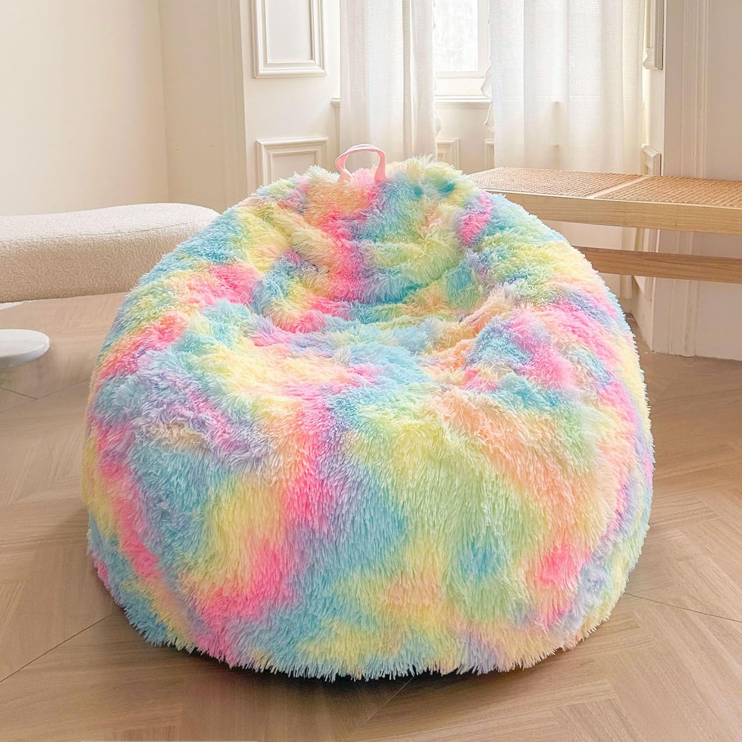 XeGe Kids Fluffy Faux Fur Bean Bag Chair Cover (No Filler), Soft Furry Stuffed Animal Storage Bean Bag Cover for Plush Toys, Shaggy Fuzzy Beanbag for Kids Teens Girls Children, Anti-Slip, Rainbow