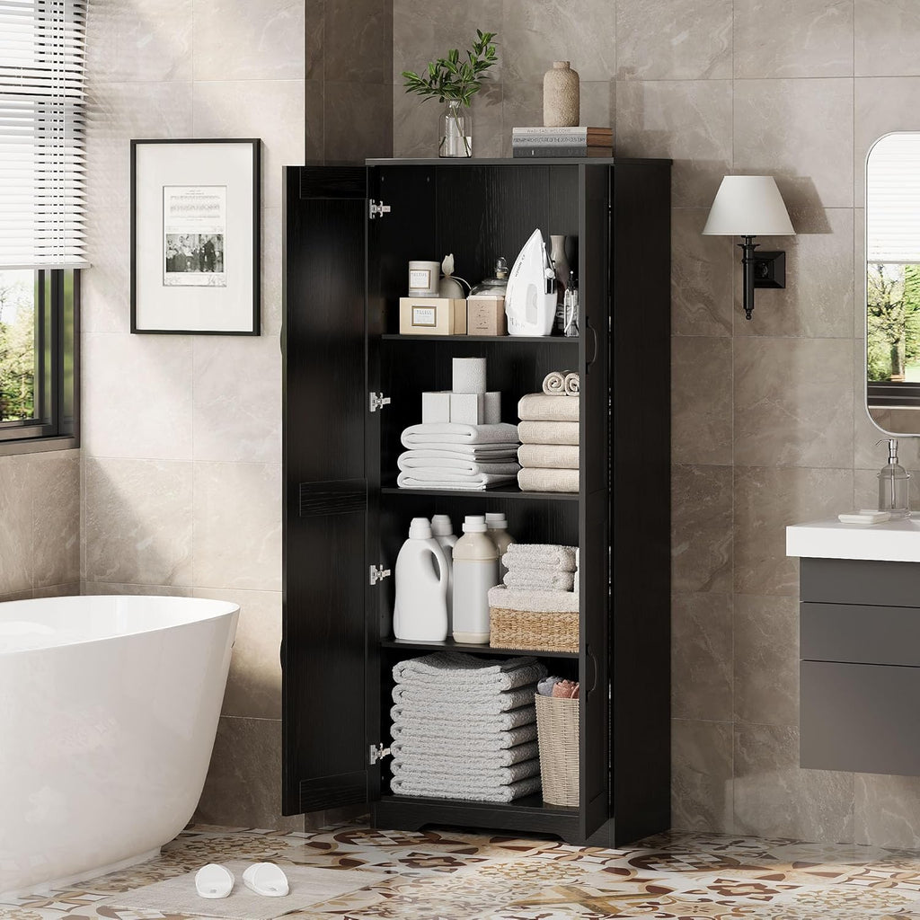 Garvee Tall Pantry Cabinet, 60" Kitchen Storage Cabinet with 2 Doors & Adjustable Shelves, Freestanding Wooden Cupboard for Bathroom，Dining Room, Living Room,Black