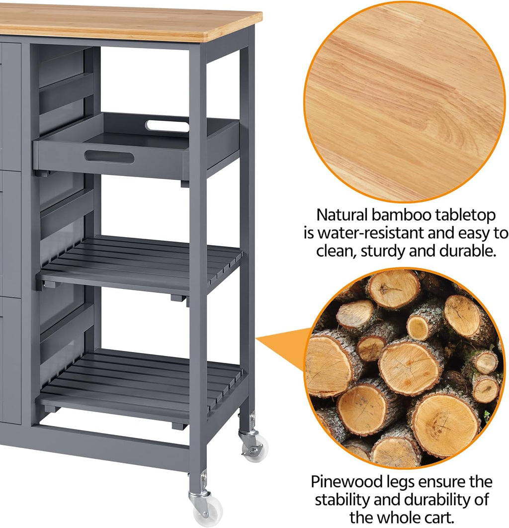 Yaheetech Kitchen Island Cart on Wheels, Rolling Storage Cart with Bamboo Countertop, 3 Drawers, 3 Removable Shelves & Lockable Casters for Dining Room, Bar, Dark Gray