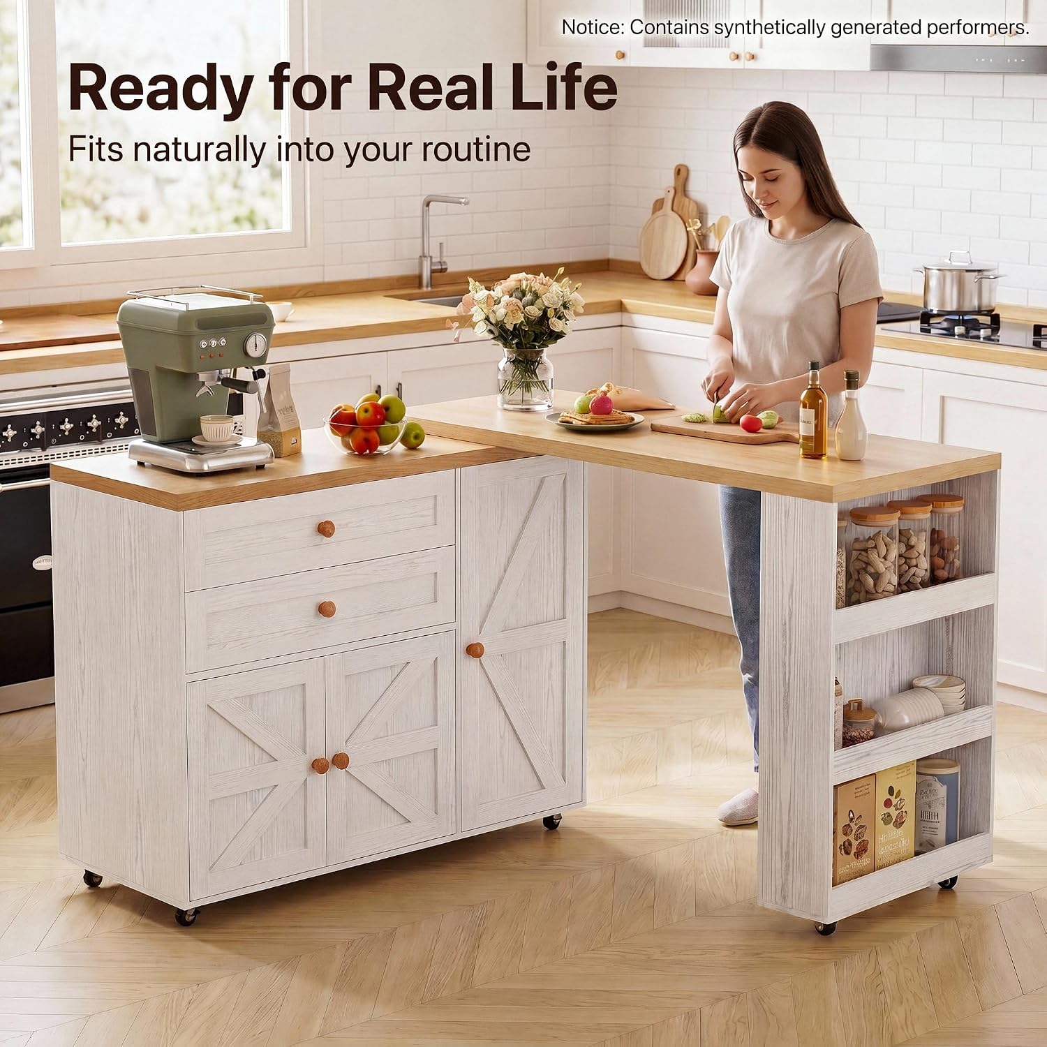 IRONCK Kitchen Island with 360° Swivel Table, 23.6 in Depth Mobile Kitchen Cart with Cabinet, Spice Rack and Drawers, White