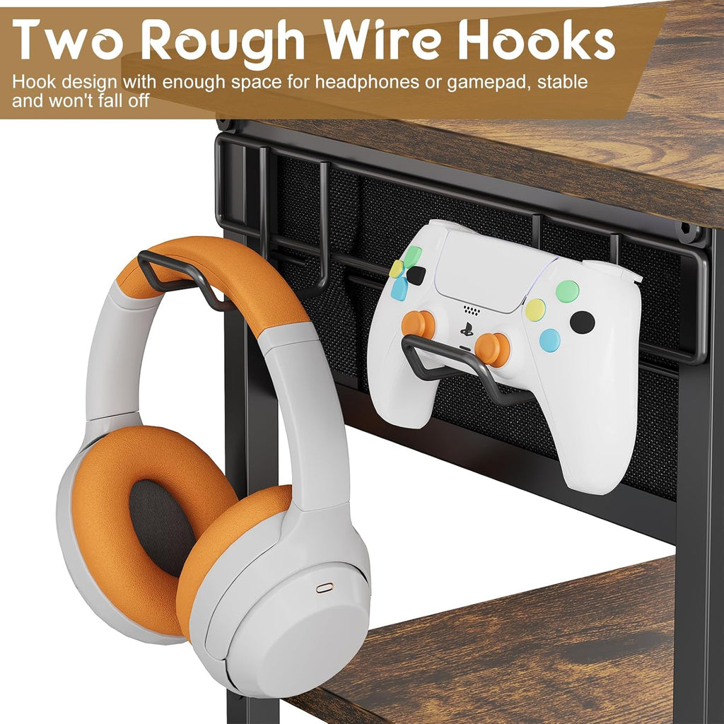 Hongtamoya 4-Tier AV Media Stand with Drawer, Video Game Console Shelf with 2 Hooks, Audio Rack Tower Perfect for/Xbox/ PS5/Switch/Game Consoles/DVD/Record Player/Projector/Sky Box/TV Accessories