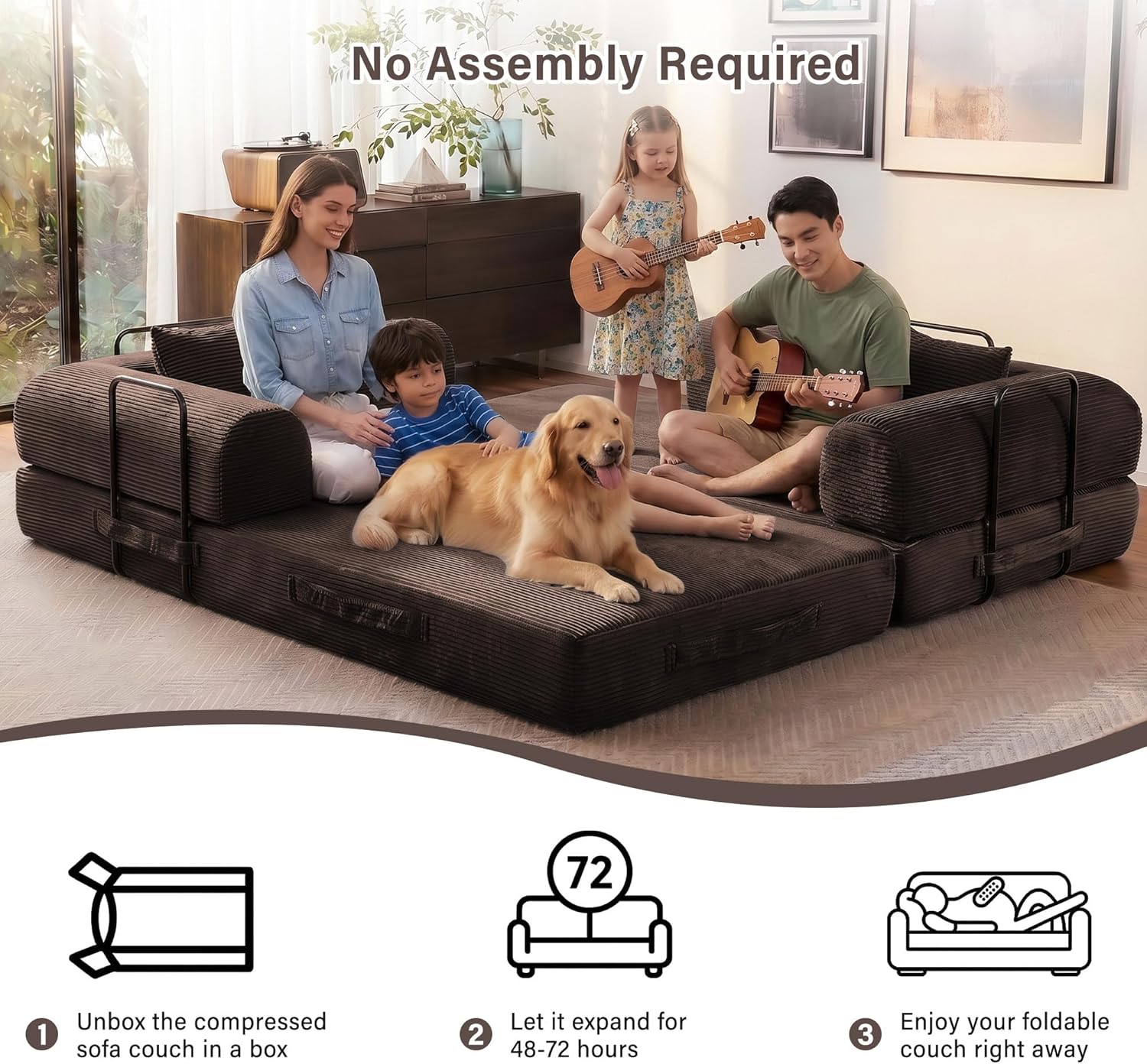 79" Convertible Sofa Bed, 5-in-1 Corduroy Boneless Couch Bed Sofa Pull Out, Memory Foam Couch, No Assembly Futon Couches for Living Room (Brown)