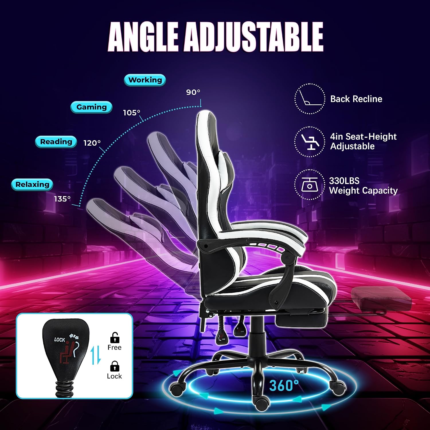 Massage Gaming Chair with Footrest, Ergonomic PU Leather Computer Chair w/Headrest and Lumbar, Height Adjustable, 360° Swivel Desk Office Chair, White