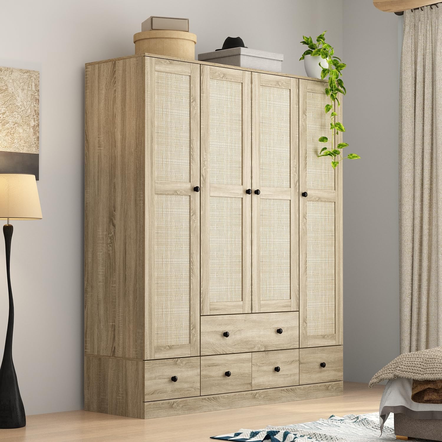 WOODTIME Rattan Armoire Wardrobe Closet with 7 Shelves, 5 Drawers & Hanging Bars, 59" L Wooden Wardrobe Clothes Storage Cabinet for Bedroom, Guest Room, Brown