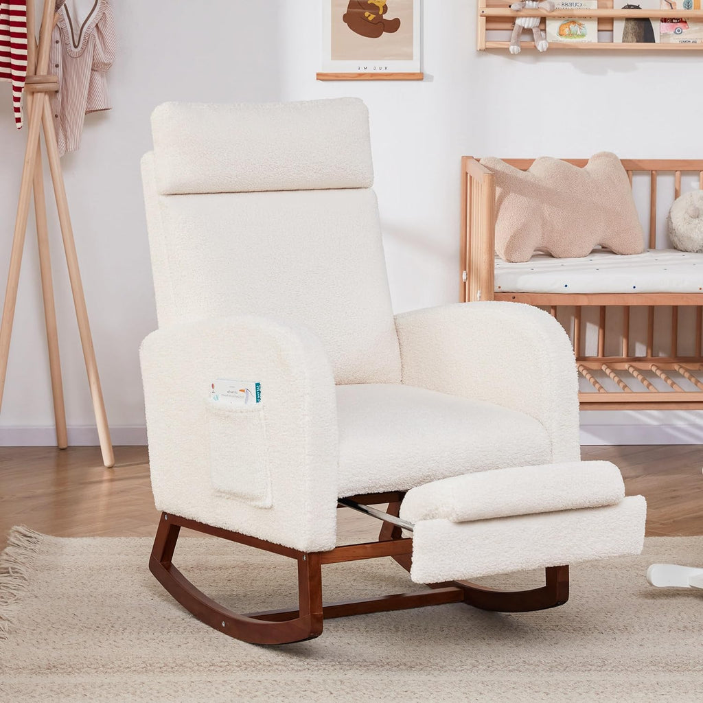 Rocking Chair Nursery Teddy High Back Rest Glider Rocker with Footrest Nursing Rocking Chairs Upholstered Accent Arm Chair for Living Room Bedroom Indoor, Teddy White
