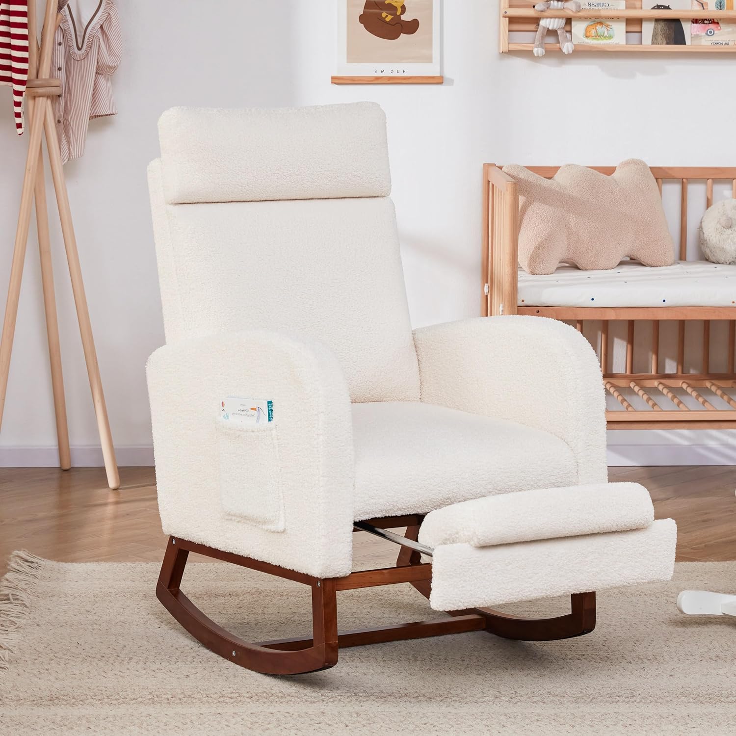 Rocking Chair Nursery Teddy High Back Rest Glider Rocker with Footrest Nursing Rocking Chairs Upholstered Accent Arm Chair for Living Room Bedroom Indoor, Teddy White