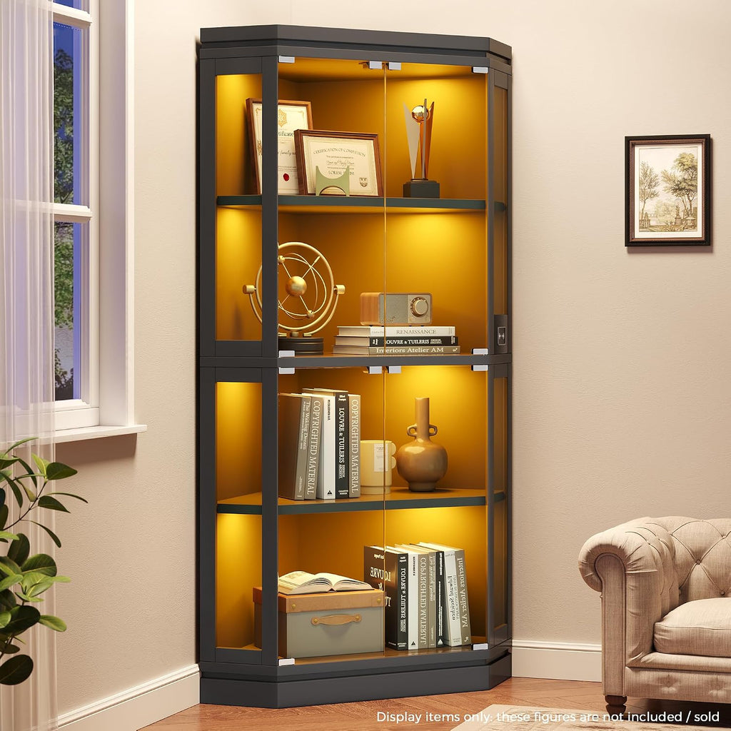 Jocoevol Corner Display Cabinet with 4 Glass Doors, 4-Tier Display Cases with RGB Lights for Collectibles, 67'' Tall Corner Curio Cabinet with Human Body Sensor for Living/Game Room (Black)