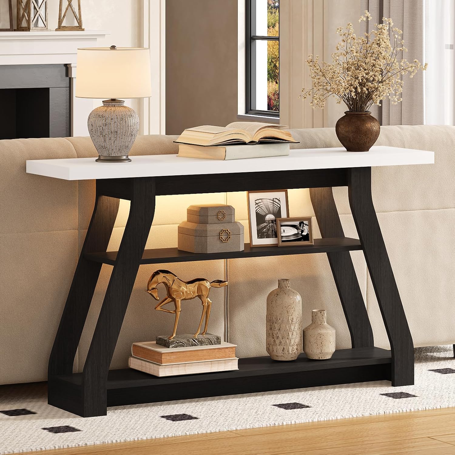 Console Table, 55-Inch Entryway Table with LED Light 3-Tier Narrow Wood Console Tables Behind Couch Sofa Tables for Living Room, Entryway, Hallway (Black+White)
