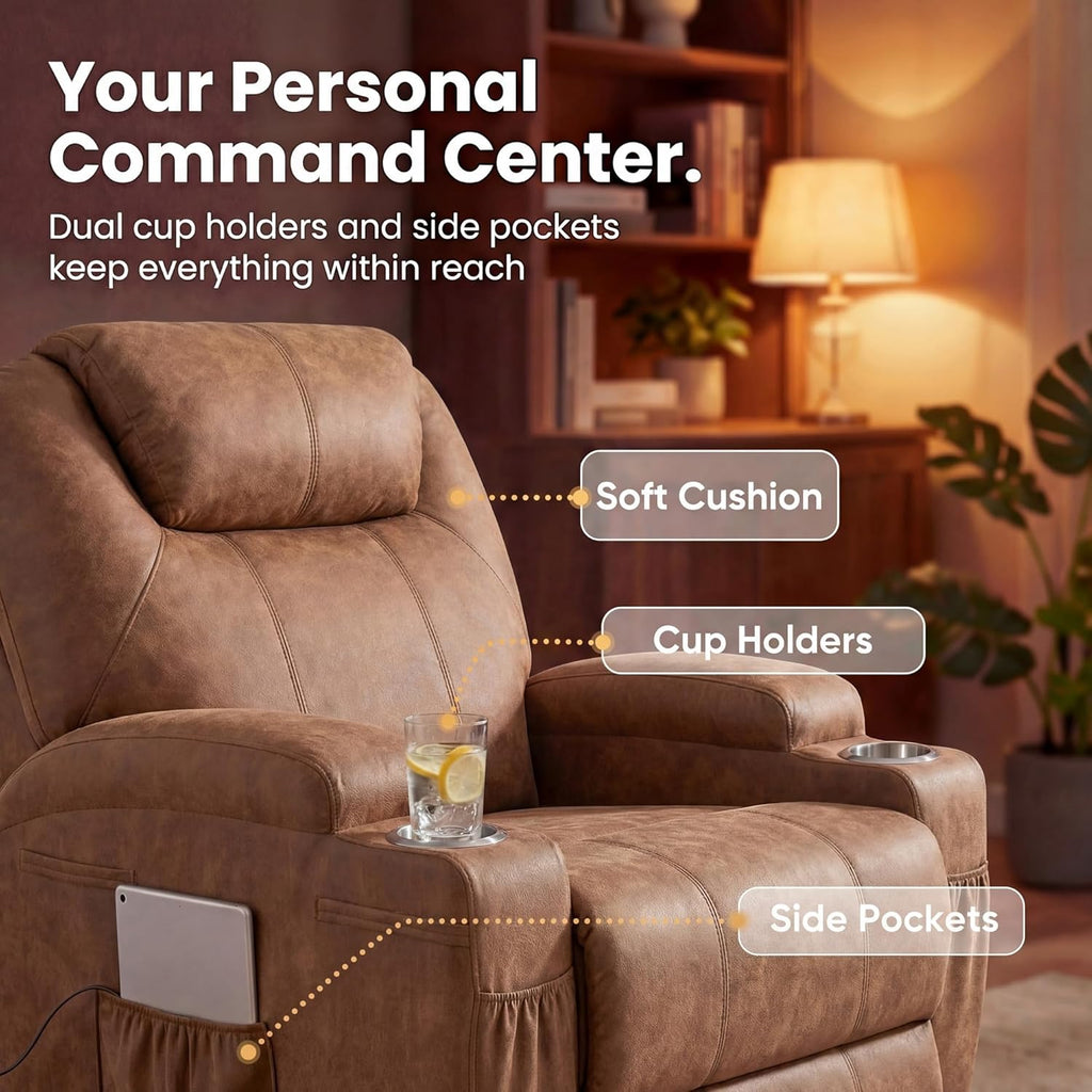 JUMMICO Small Swivel Rocker Recliner, 360 Rocking Chair Recliner with Massage, Upholstered Leathaire Rocker Recliner with Cup Holder for Living Room, Bedroom, Nursery (Dark Brown)
